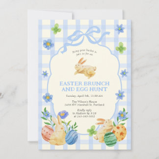 Convites Cute Bunny Easter Brunch & Egg Hunt Blue Checkered