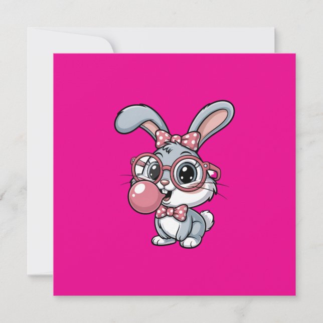 Convites Cute Bunny with Glasses Blowing Bubble Gum (Frente)