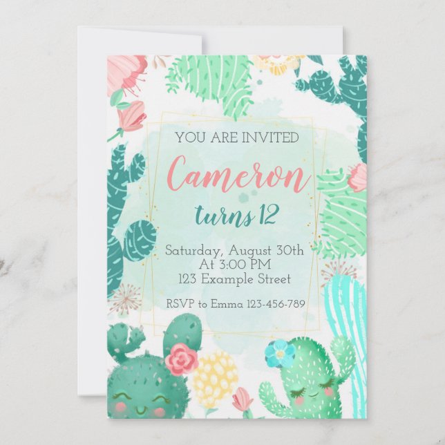 Convites Cute Cactus Birthday Invitation (Frente)