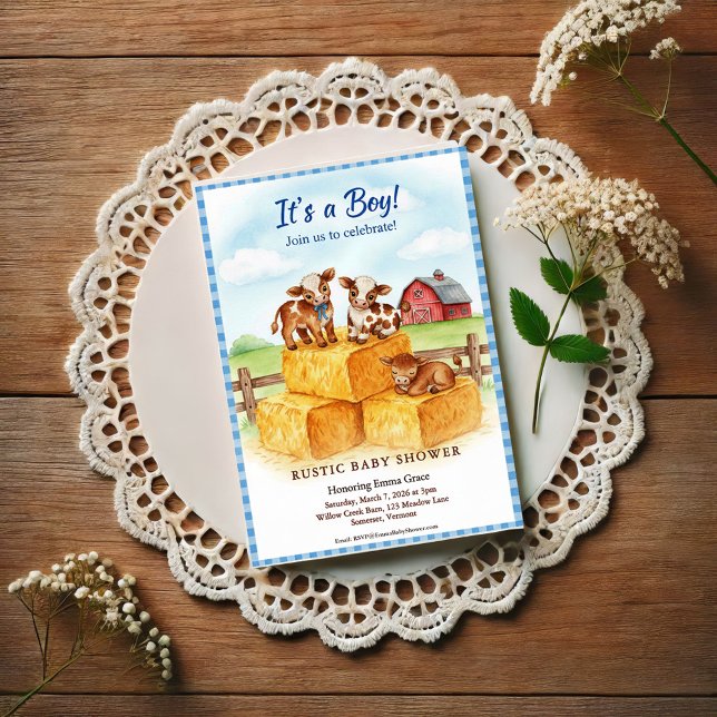 Convites Cute Calf Baby Shower Gingham Hay Invitation (Criador carregado)