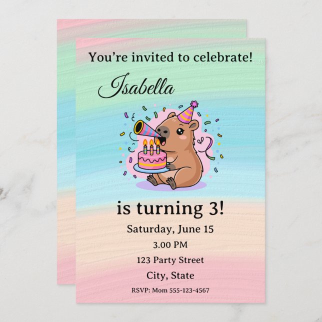 Convites Cute Capybara Birthday Invitation Editable  (Frente/Verso)