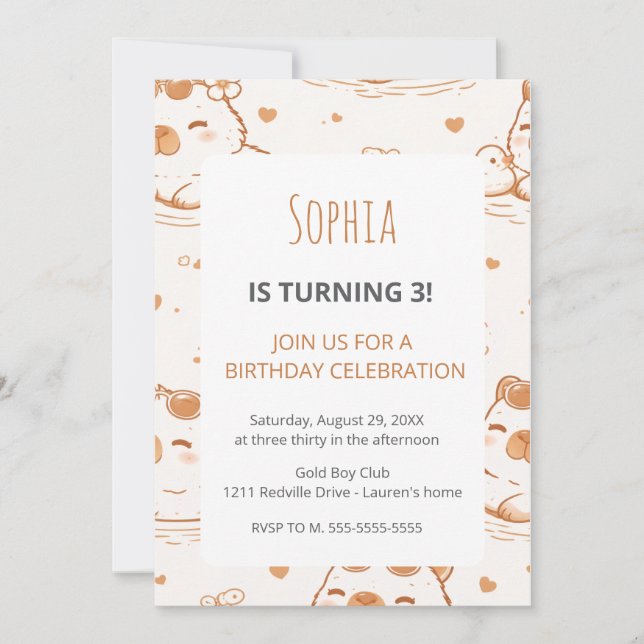 Convites Cute Capybara Kids Birthday Party Invitation (Frente)