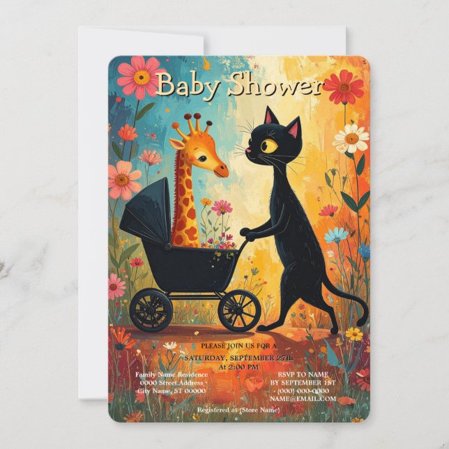 Convites Cute Cat Giraffe Baby Shower Invitation (Frente)