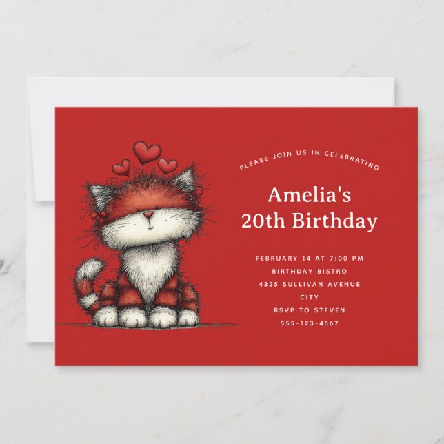 Convites Cute Cat with Red Love Hearts Birthday (Frente)