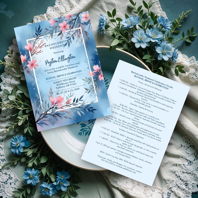 Convites Cute Cherish Blue & Pink Shades Blooms & Branches  (Cute Cherish Blue & Pink Shades Blooms & Branches Bachelorette Weekend Invitations Cards. )