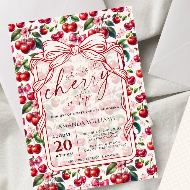 Convites Cute Cherry Bow Themed Baby Shower Invitation (Criador carregado)