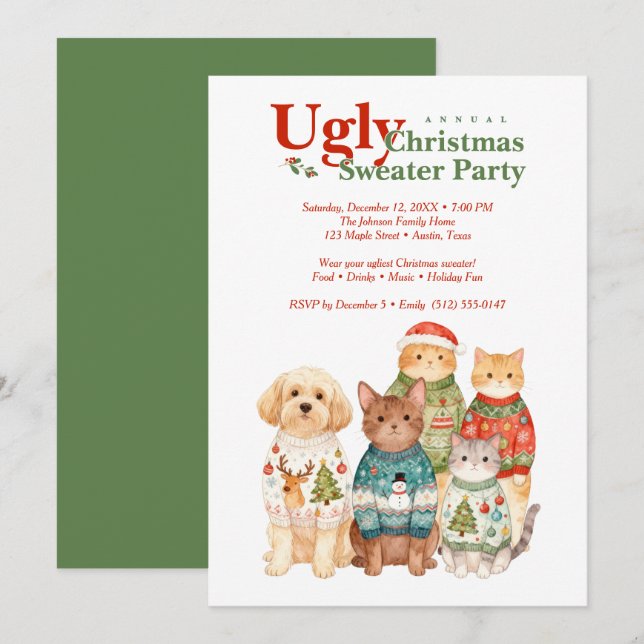 Convites Cute Christmas Pets Sweater Party Green TMF26 (Frente/Verso)