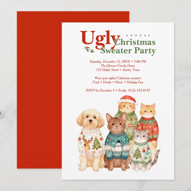 Convites Cute Christmas Pets Sweater Party Red TMF26 (Frente/Verso)