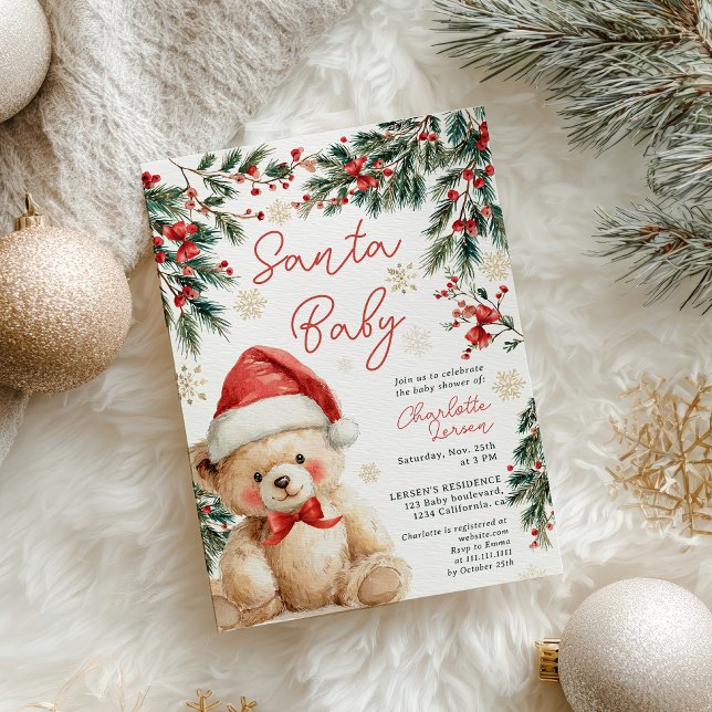 Convites Cute Christmas Winter Teddy Bear Santa Baby Shower (Cute Christmas Winter Teddy Bear Santa Baby Shower Invitation)