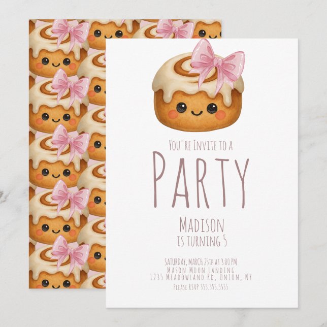 Convites Cute Cinnamon Roll Bun Girl Birthday Party (Frente/Verso)