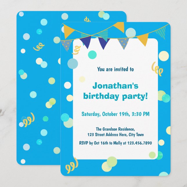Convites Cute Colorful Blue & Green Confetti Boy Birthday (Frente/Verso)