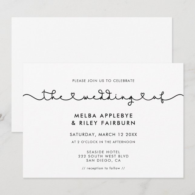 Convites Cute conectando fonte coração casamento (Frente/Verso)