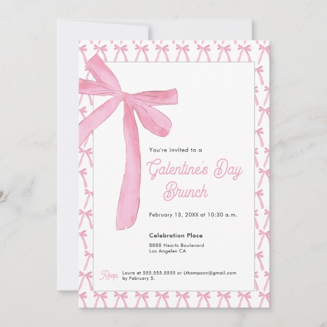 Convites Cute Coquette Pink Bow Galentine’s Day Brunch (Frente)