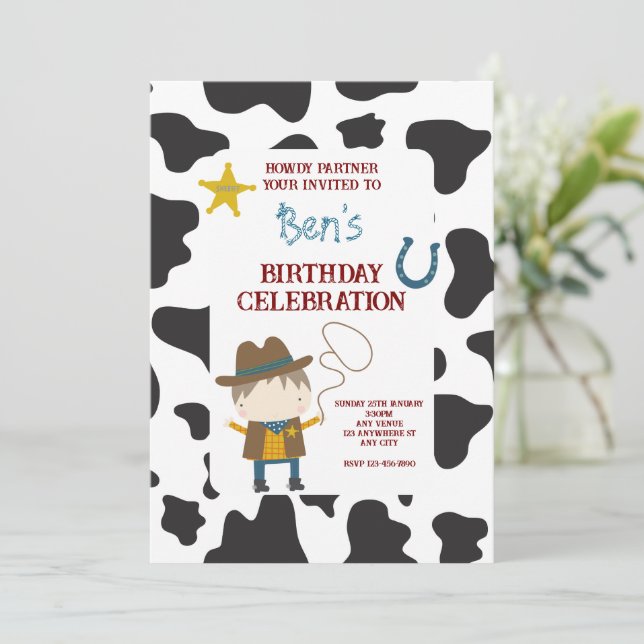Convites Cute Cow print Cowboy Birthday (Em pé/Frente)