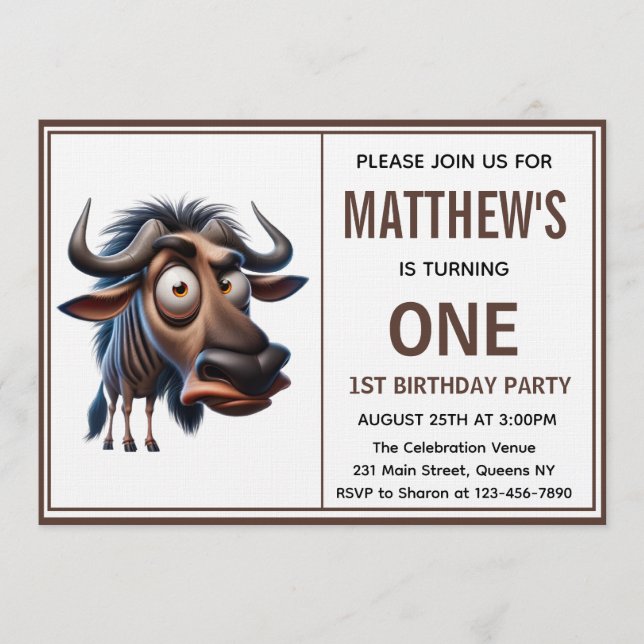 Convites Cute Crazy wildebeest =Theme 1st Birthday photo (Frente)
