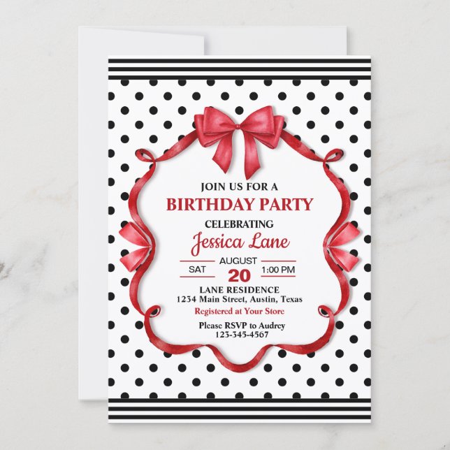 Convites Cute Crimson Bow Birthday Invitation (Frente)