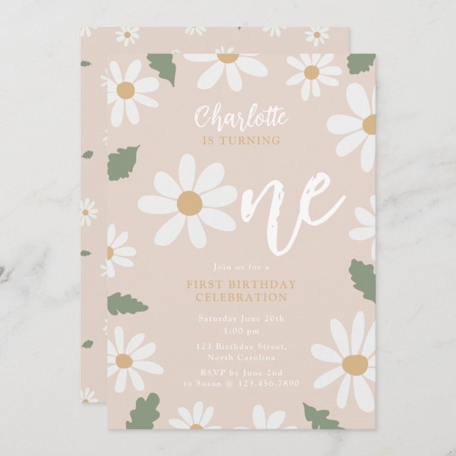 Convites Cute Daisy Flower 1st Birthday Girl Pink (Frente/Verso)