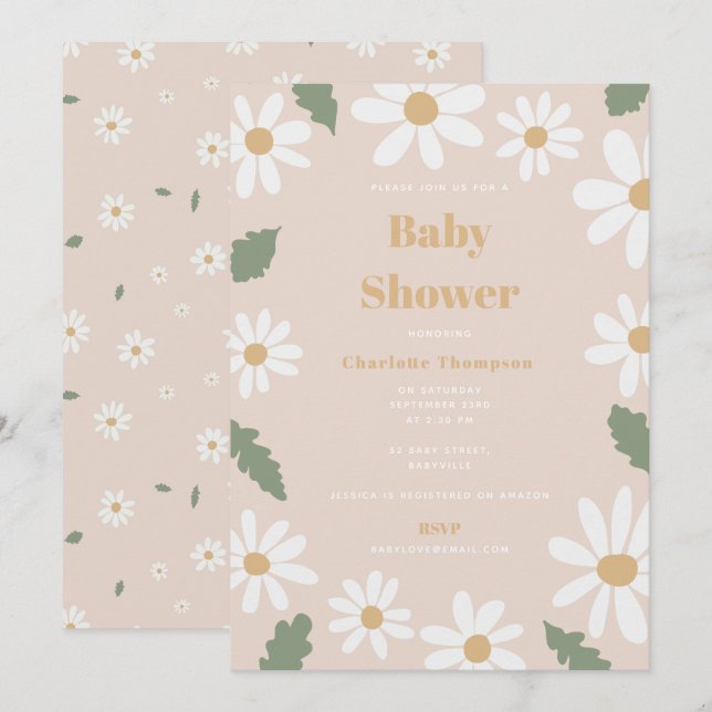 Convites Cute Daisy Flower Baby Shower Girl Pink (Frente/Verso)