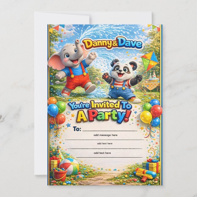 Convites Cute Danny e Dave elefante e panda crianças aniver (Frente)