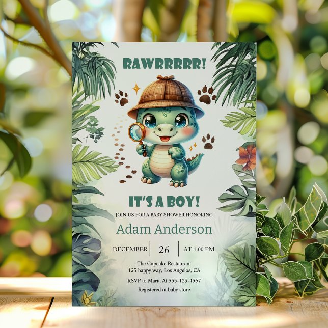 Convites Cute Dino Detective Boy Baby Shower Invitation     (Criador carregado)
