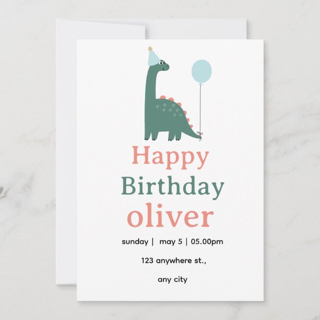Convites Cute Dinosaur Birthday Invitation for Kids, (Frente)