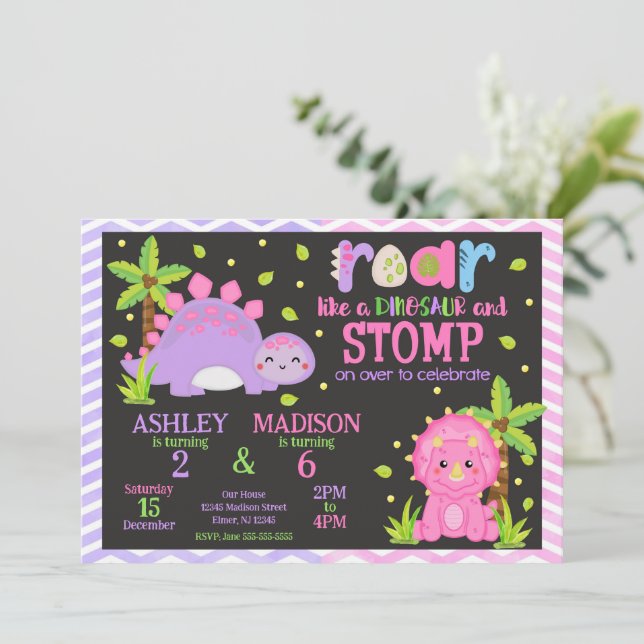 Convites Cute Dinosaur Joint Birthday  (Em pé/Frente)