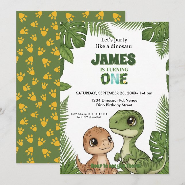 Convites Cute Dinosaur Jungle First Birthday Invitation (Frente/Verso)