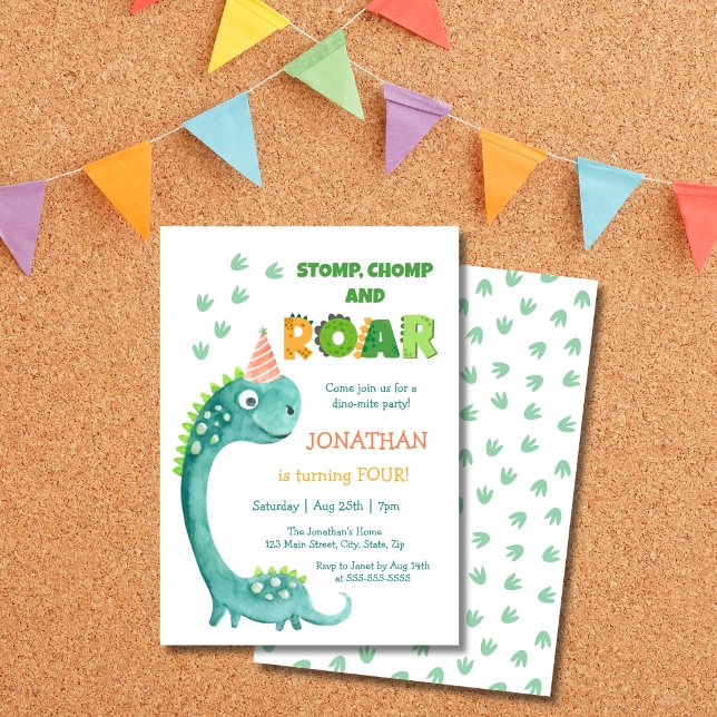 Convites Cute Dinosaur Stomp Chomp Roar Birthday (Criador carregado)