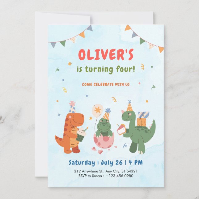 Convites cute dinosaur t-rex kids 4th Birthday Invitation   (Frente)