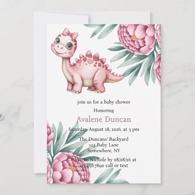 Convites Cute Dinosaur with Pink Peony Girl Baby Shower (Frente)