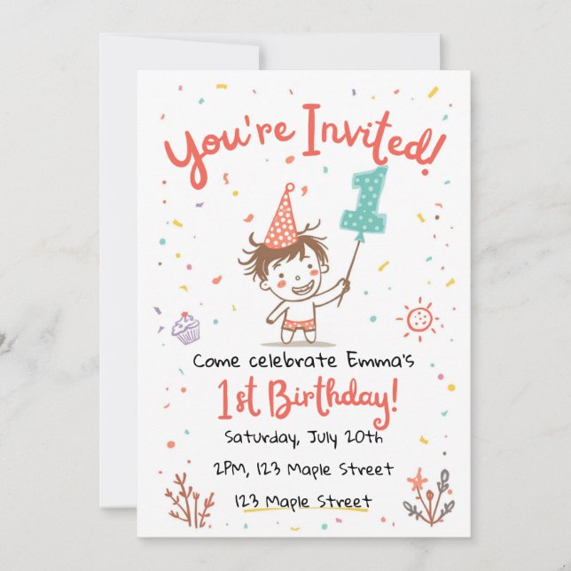 Convites Cute Doodle Crayon Style First Party invite (Frente)