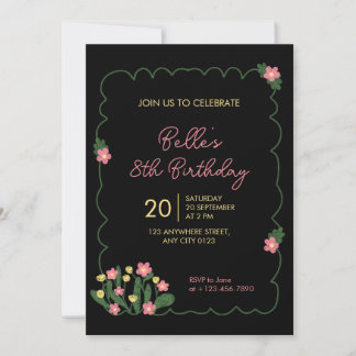Convites Cute Doodle Flower Frame Kids Birthday Invitation