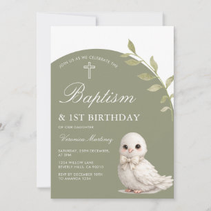 Convites Cute Dove Batismo & 1º Aniversário Floral Verde Sa