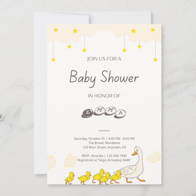 Convites Cute Duck Baby Shower Illustration Minimal Style (Frente)