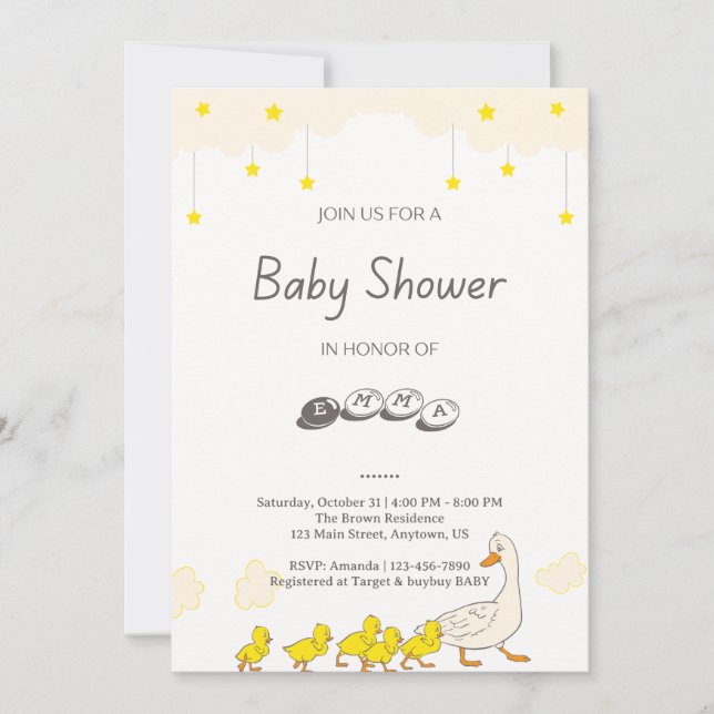 Convites Cute Duck Baby Shower Illustration Minimal Style (Frente)