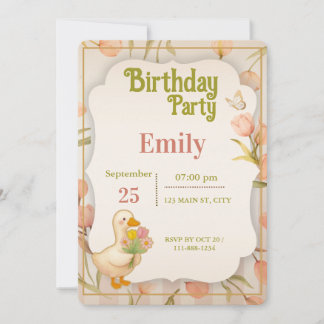 Convites Cute Duck Floral Watercolor Birthday Party Invitat