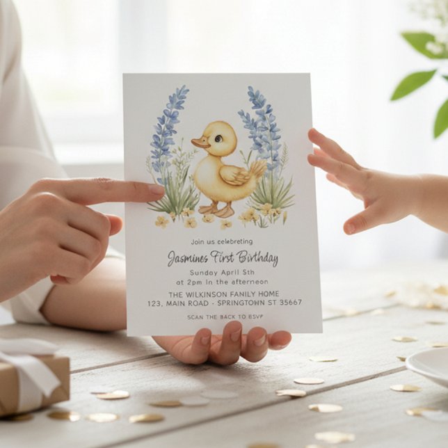 Convites Cute Duckling Garden First Birthday QR Code  (Criador carregado)