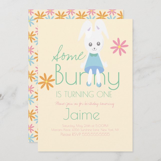 Convites Cute Easter Bunny Turning One Birthday (Frente/Verso)
