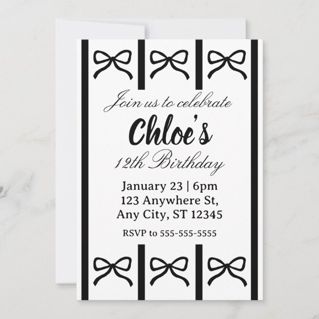 Convites Cute editable bow birthday invite (Frente)