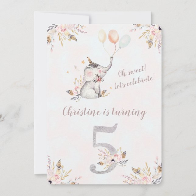 Convites Cute Elefante Boho Floral Quinto Aniversário Convi (Frente)