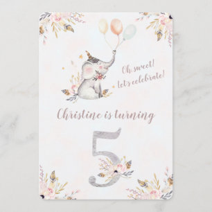 Convites Cute Elefante Boho Floral Quinto Aniversário Convi