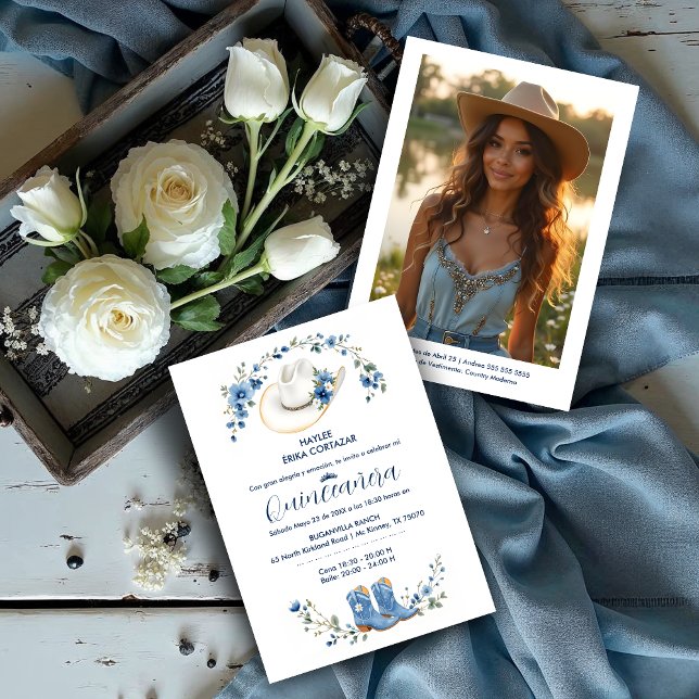 Convites Cute Elegant Coastal Cowgirl Boots & Hat XVs (Cute Elegant Coastal Cowgirl Boots & Hat Quinceañera Invitation Cards in Spanish in Blue Shades.)