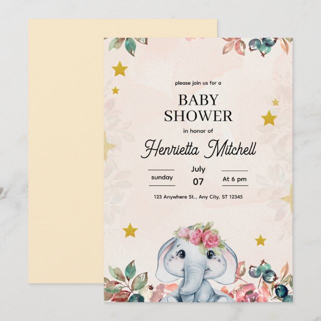 Convites Cute Elephant Baby Shower Invite, Girl Baby Shower (Frente/Verso)