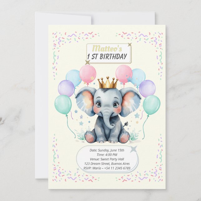 Convites "Cute Elephant First Birthday pastel designs" (Frente)