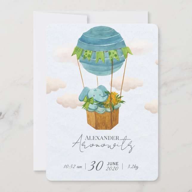 Convites Cute Elephant Hot Air Balloon Baby Birth Announcem (Frente)