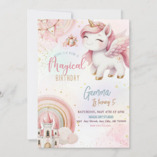 Convites Cute Fantasy Rosa Dourado Castelo do Unicórnio Bir