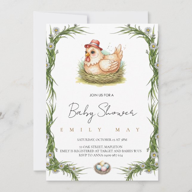 Convites ِCute Farm Chicken Baby Shower  (Frente)