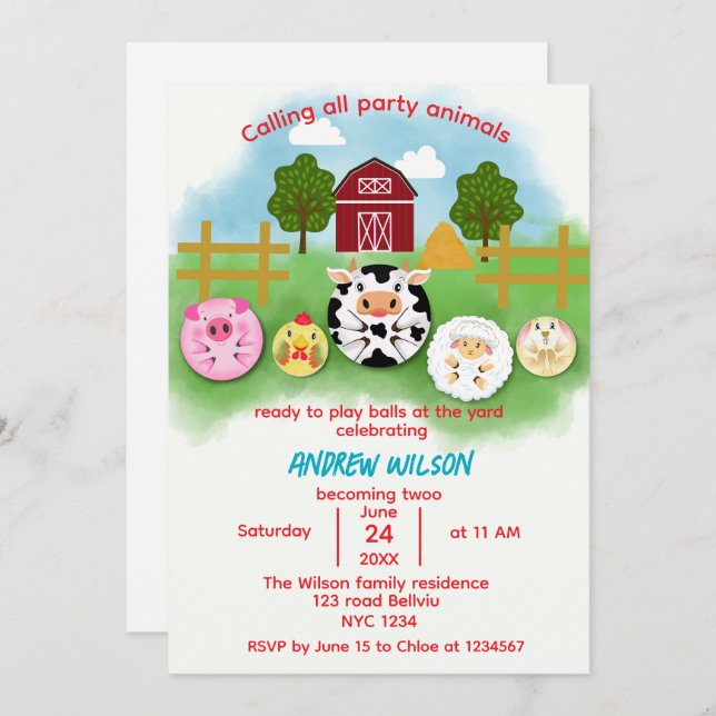 Convites Cute Farm Party Animals Balls Birthday Invitation (Frente/Verso)