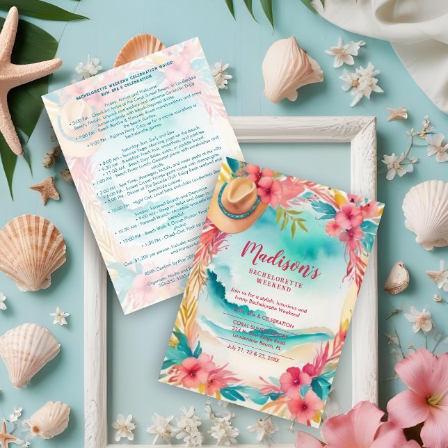 Convites Cute Floral Beach Cowgirl Hat Coastal Bachelorette (Cute Floral Beach & Cowgirl Hat Coastal Bachelorette Invitations Cards in Turquoise & Pink. )