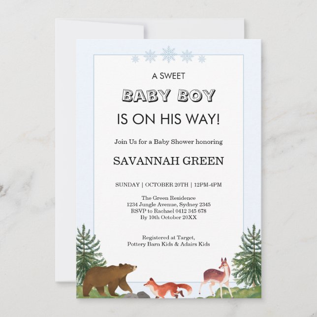 Convites Cute Forest Animals Baby Boy Shower Design (Frente)